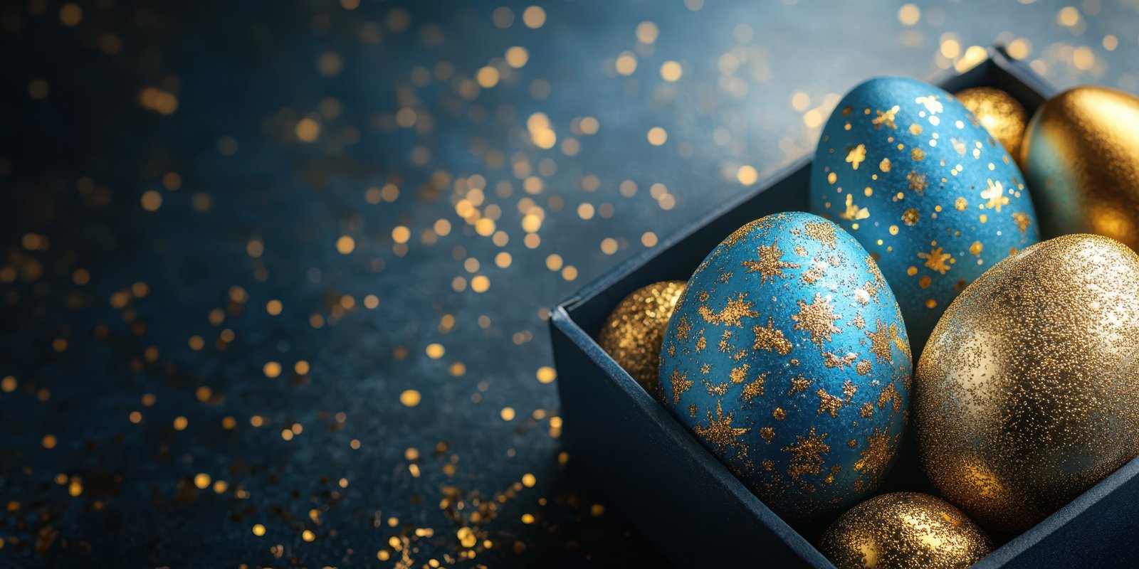Colorful decorated eggs in a blue box surrounded by gold glitter for Easter celebration